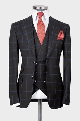 Humphry Modern Black Plaid 3-pieces Peaked Lapel Men Suits For Business