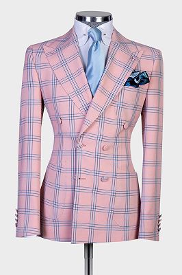 Lou Pink Double Breasted Plaid Stylish Peaked Lapel Men Suits