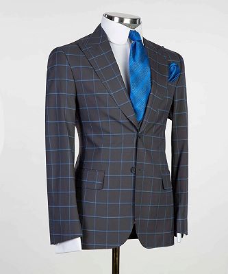 Graeme Navy Fashion Plaid Three Pieces Peaked Lapel Bespoke Men Suits_3