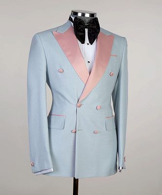 Joshua Sparkly Sky Blue Double Breasted Men Suits With Pink Peaked Lapel_2