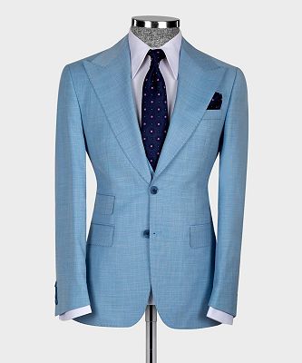 Hugh Bespoke Sky Blue Three Pieces Peaked Lapel Men Suits_4