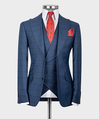 Hank Fashion Dark Blue Plaid Splicing Three Pieces Peaked Lapel Men Suits_3