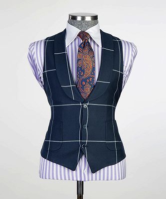 Gregory Navy Blue Plaid Peaked Lapel Three Pieces Business Suits