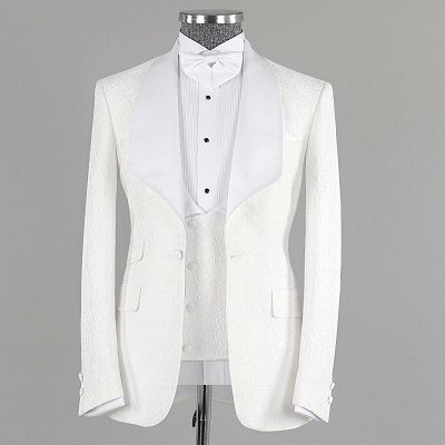 Billy White Jacquard Three Pieces Shawl Lapel Bespoke Wedding Suits_4