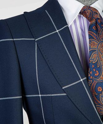 Gregory Navy Blue Plaid Peaked Lapel Three Pieces Business Suits_3