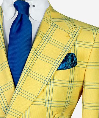Kay Chic Yellow Plaid Double Breasted Peaked Lapel Men Suits