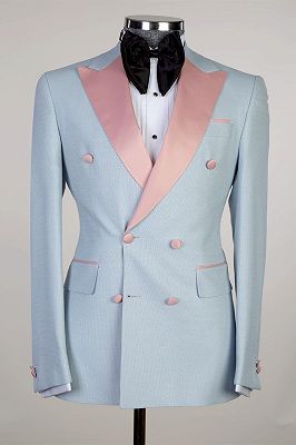 Joshua Sparkly Sky Blue Double Breasted Men Suits With Pink Peaked Lapel