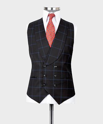 Humphry Modern Black Plaid 3-pieces Peaked Lapel Men Suits For Business