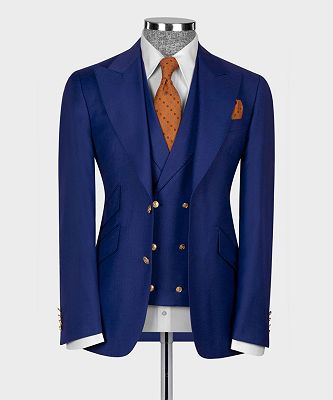 Harold Chic Navy Blue Peaked Lapel Three Pieces Men Business Suits_4