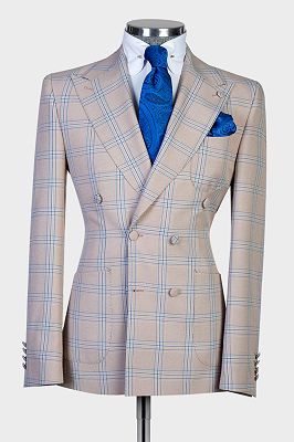 Yan Apricot Plaid Peaked Lapel Double Breasted Close Fitting Men Suits