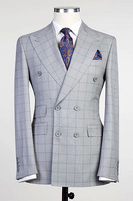Albert Light Grey Modern Plaid Double Breasted Peaked Lapel Men Suits