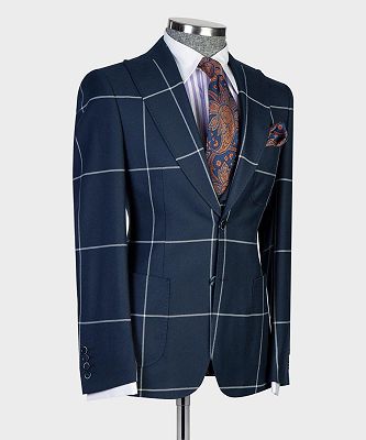 Gregory Navy Blue Plaid Peaked Lapel Three Pieces Business Suits_4