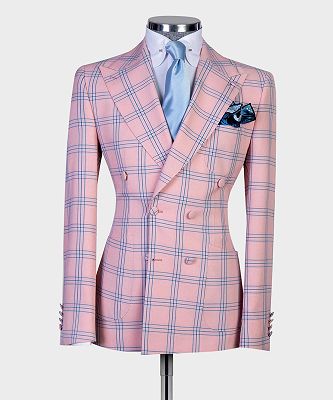 Lou Pink Double Breasted Plaid Stylish Peaked Lapel Men Suits_3