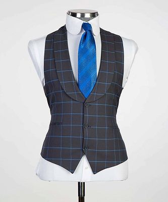 Graeme Navy Fashion Plaid Three Pieces Peaked Lapel Bespoke Men Suits