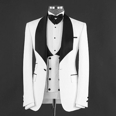 Herman Chic White Jacquard Three Pieces Shawl Lapel Wedding Suits_4