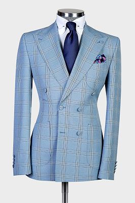 Carl Bespoke Blue Plaid Peaked Lapel Double Breasted Men Suits