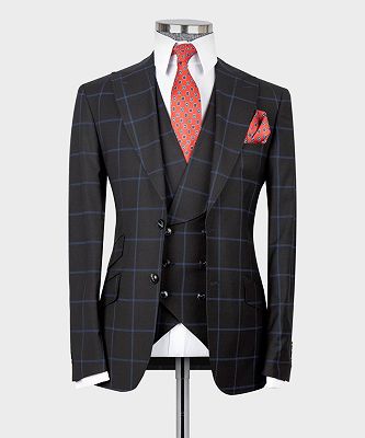Humphry Modern Black Plaid 3-pieces Peaked Lapel Men Suits For Business_3