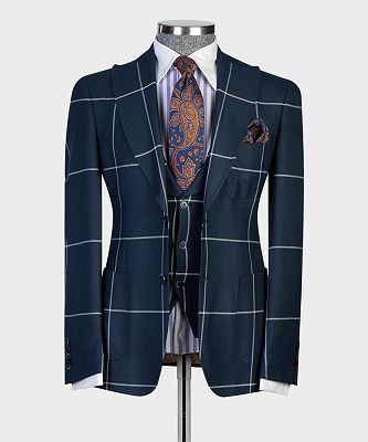 Gregory Navy Blue Plaid Peaked Lapel Three Pieces Business Suits_5