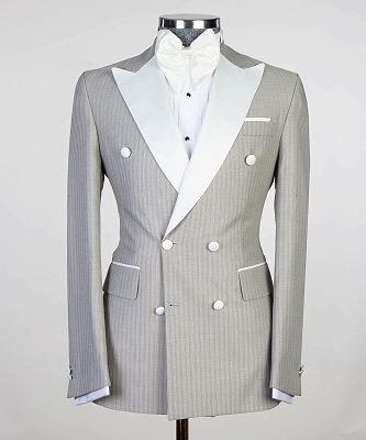 Calvin Stripe Double Breasted Peaked Lapel Business Men Suits_3