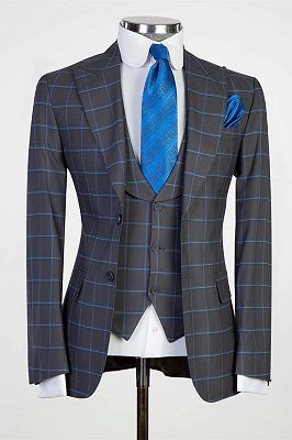 Graeme Navy Fashion Plaid Three Pieces Peaked Lapel Bespoke Men Suits