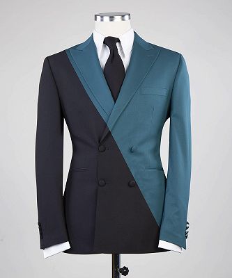 Gerry Modern Dusty Blue And Black Double Breasted Peaked Lapel Men Suits for Prom_3