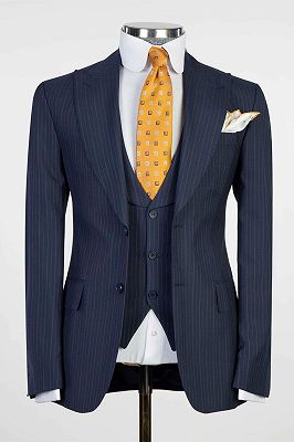 Wesley Navy Stripe Peaked Lapel Three Pieces Business Suits_1
