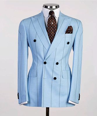 Robin Fashion Blue Stripe Slim Fit Peaked Lapel Two Pieces Men Suits_4