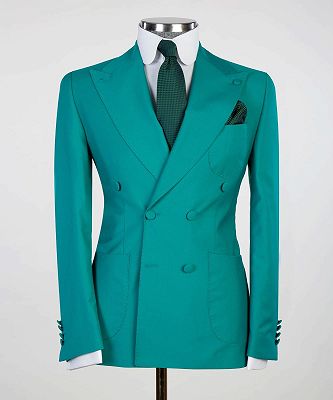 Floyd Chic Green Close Fitting Two Pieces Double Breasted Peaked Lapel Prom Suits_4