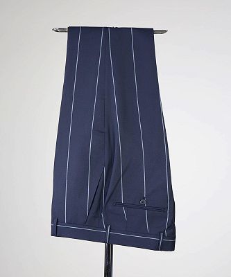 Leon New Arrival Navy Stripe Peaked Lapel Double Breasted Business Suits_4