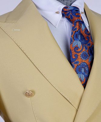 Lenny Sparkly Yellow Double Breasted Peaked Lapel  Men Prom Suits_2