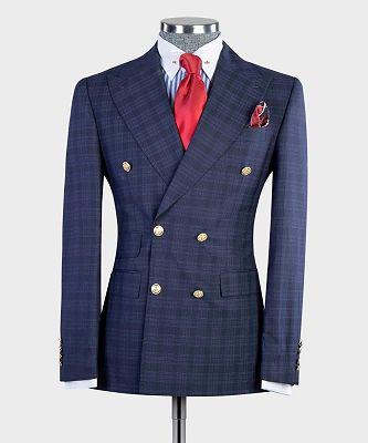 Lance Stylish Navy Plaid Peaked Lapel Slim Fit Tailored Men Suit For Business_3