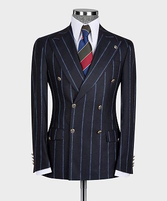 Justin Modern Black Stripe Double Breasted Peaked Lapel Business Men Suits_5