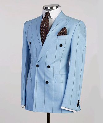 Robin Fashion Blue Stripe Slim Fit Peaked Lapel Two Pieces Men Suits_3
