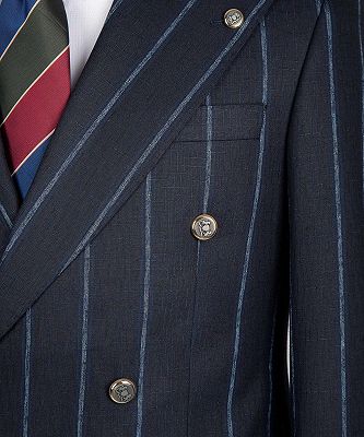 Lewis Fashion Navy Blue Stripe Peaked Lapel Double Breasted Busibess Men Suits