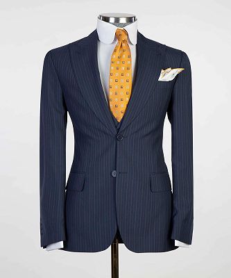 Wesley Navy Stripe Peaked Lapel Three Pieces Business Suits_5
