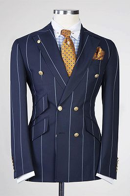 Leon New Arrival Navy Stripe Peaked Lapel Double Breasted Business Suits