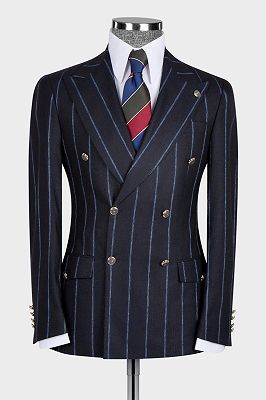 Justin Modern Black Stripe Double Breasted Peaked Lapel Business Men Suits