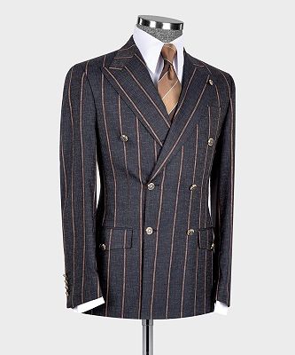 Kenneth Newest Peaked Lapel Dark Grey Stripe Double Breasted Men Suits_3