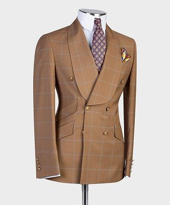 Antony Brown Chic Shawl Lapel Plaid Double Breasted Men Suits