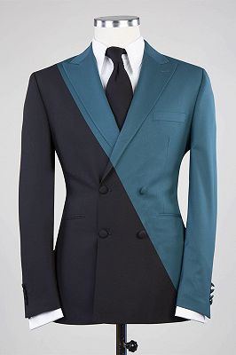 Gerry Modern Dusty Blue And Black Double Breasted Peaked Lapel Men Suits for Prom