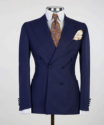 Gordon Dark Navy Double Breasted Peaked Lapel Close Fitting Stylish Men Suits_4
