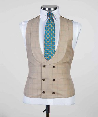 Samuel Fashion Black Khaki Plaid Three Pieces Peaked Lapel Men Suits