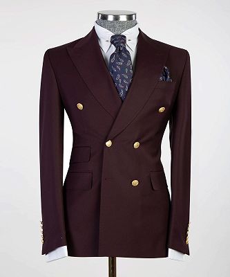 Kenneth Fashion Peaked Lapel Burgundy Double Breasted Men Suits_4