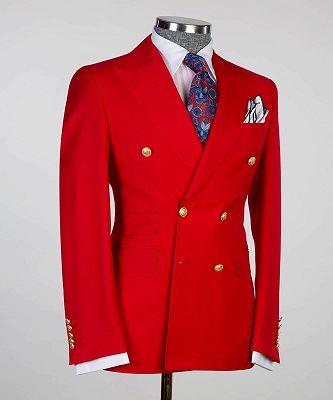 Luman Red Slim Fit Two Pieces Double Breasted Peaked Lapel Business Men Suits_3