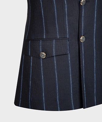 Justin Modern Black Stripe Double Breasted Peaked Lapel Business Men Suits_4