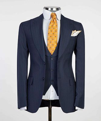 Wesley Navy Stripe Peaked Lapel Three Pieces Business Suits_4