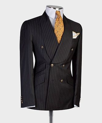 Luman Black Stripe Double Breasted Shawl Lapel Business Men Suits