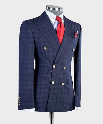 Lance Stylish Navy Plaid Peaked Lapel Slim Fit Tailored Men Suit For Business