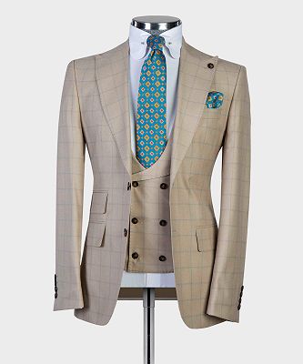 Samuel Fashion Black Khaki Plaid Three Pieces Peaked Lapel Men Suits_3