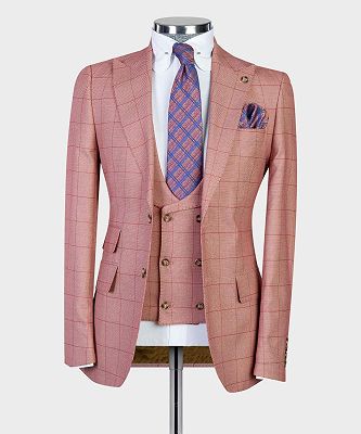 Stuart Fashion Pink Plaid Slim Fit Peaked Lapel Three Pieces Men Suits_3